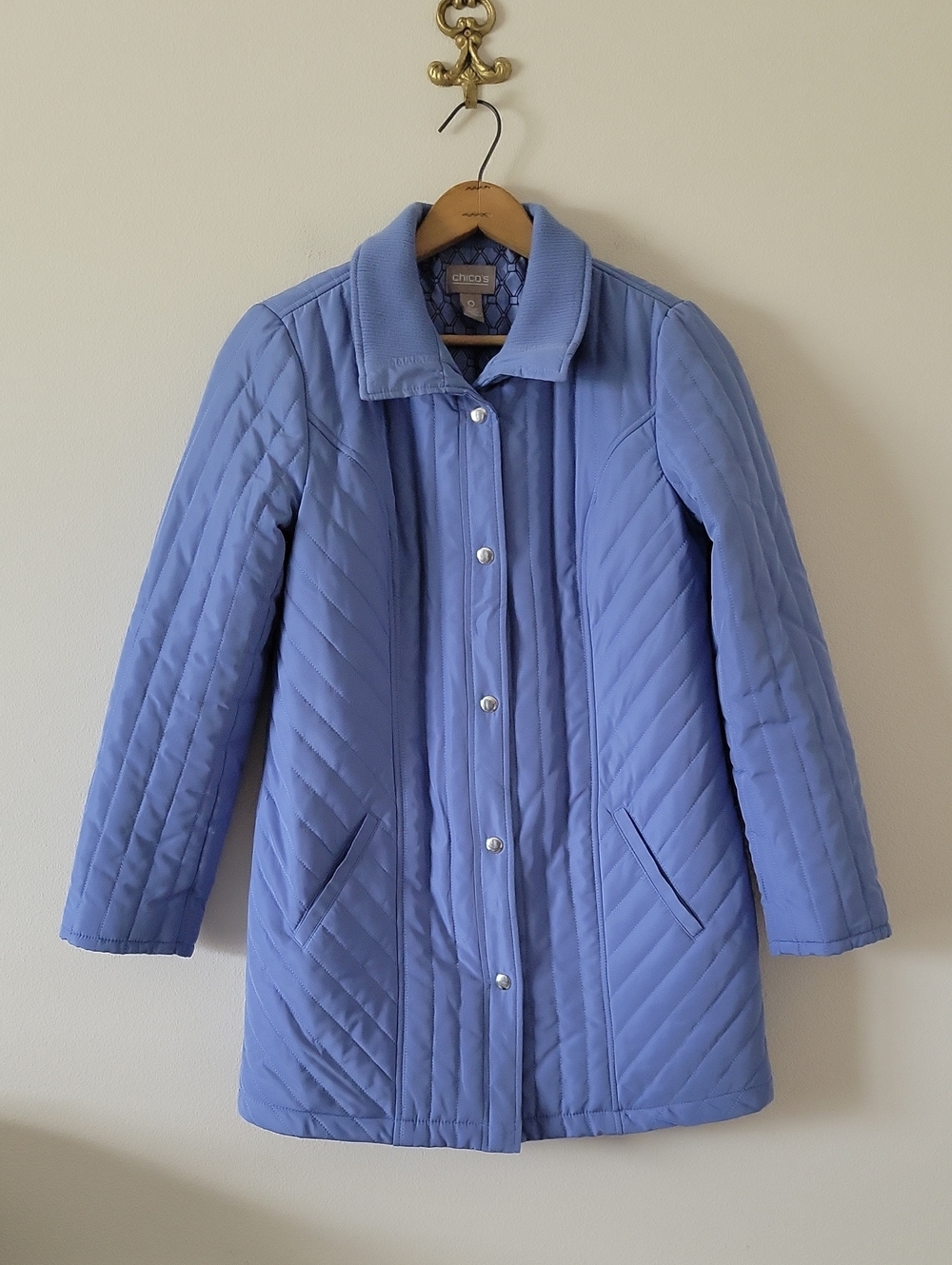 Chico's Periwinkle Mid Length Quilted Coat Size Small